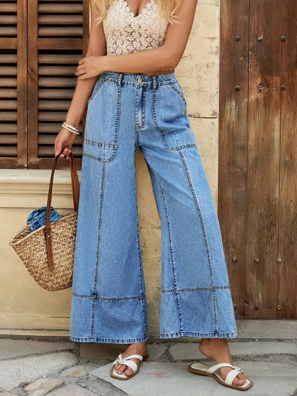 Light Wash Casual Women's Denim Wide-Leg Boho Vacation Pants - Picture 7 of 7